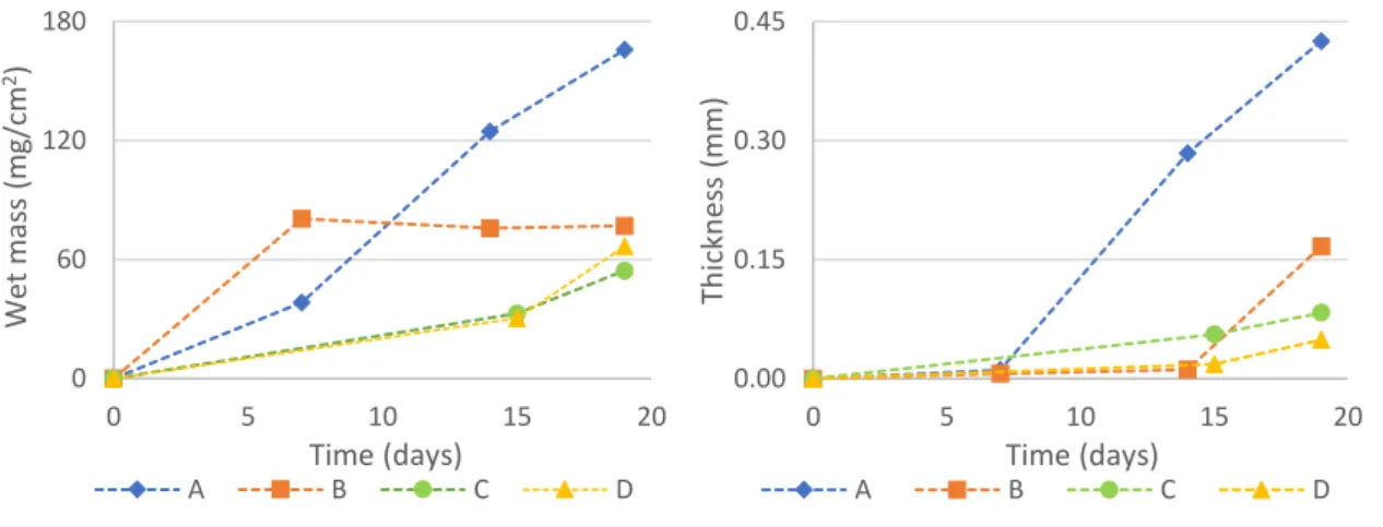 Figure 5.1. Biofilm wet mass per area and biofilm thickness, in coupons of trials A, B, C and D of assays in flow  cells, during the process of biofilm formation.