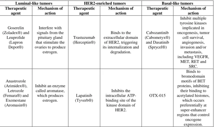 Table 1.1: Therapeutic agents and corresponding mechanisms of action, specific to each breast cancer subtype