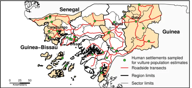 Fig 1. Map of the study area. Areas without red lines correspond to Sectors (an administrative division within Guinea-Bissau) that were not sampled for the study of vulture distribution and abundance (i.e