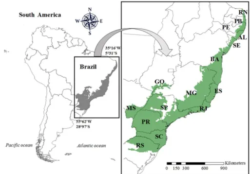 FIGURE 1 Original distribution of Brazilian Atlantic Forest hotspot (in gray) in South 864 