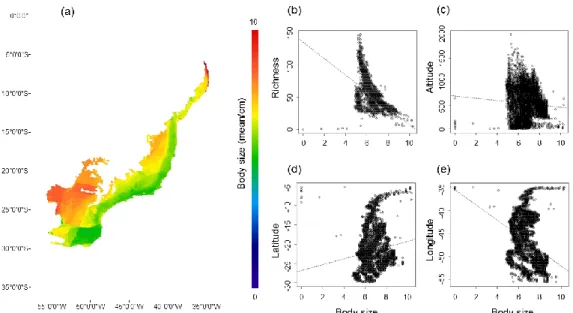 FIGURE 3 Distribution of amphibian species based in the mean of body size by grid  888 