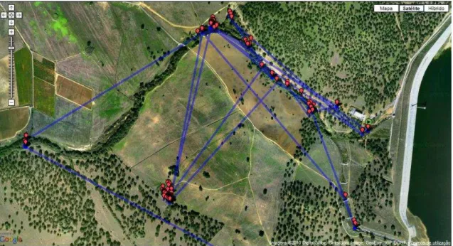Fig 3. Visualization of the locations obtained by the GPS harness of the male otter monitored  and accessed on the internet directly on map in real time