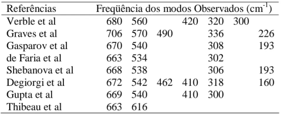 Tabela 3.1 – Freqüências Raman da magnetita reportadas em diferentes estudos.  