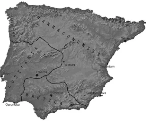 Fig. 3 – Províncias romanas da Hispânia durante o Alto- Alto-Império, com indicação das respectivas capitais provinciais.
