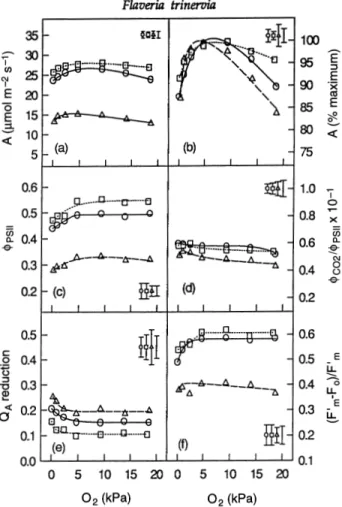 Figure 3. Oxygen responses of (a) A, (b) A as percentage of the maximum, (c) quantum yield of PSII ( φ PSII ), (d) electron-use efficiency for CO 2 assimilation ( φ CO 2 / φ PSII ), (e) Q A reduction state, and (f) efficiency of the PSII open centres (F’ m