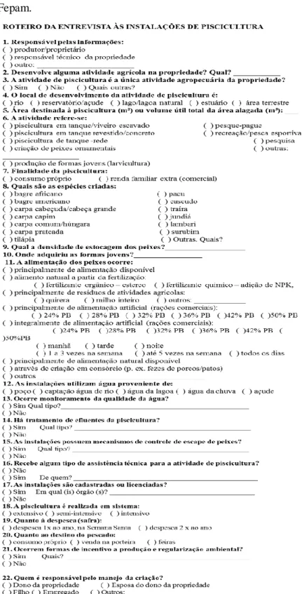 Figura 1. Questionário aplicado aos piscicultores  em visita às propriedades.  