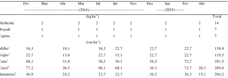 Tabela 1. Épocas e quantidades aplicadas dos diferentes tratamentos no cultivo do abacaxizeiro