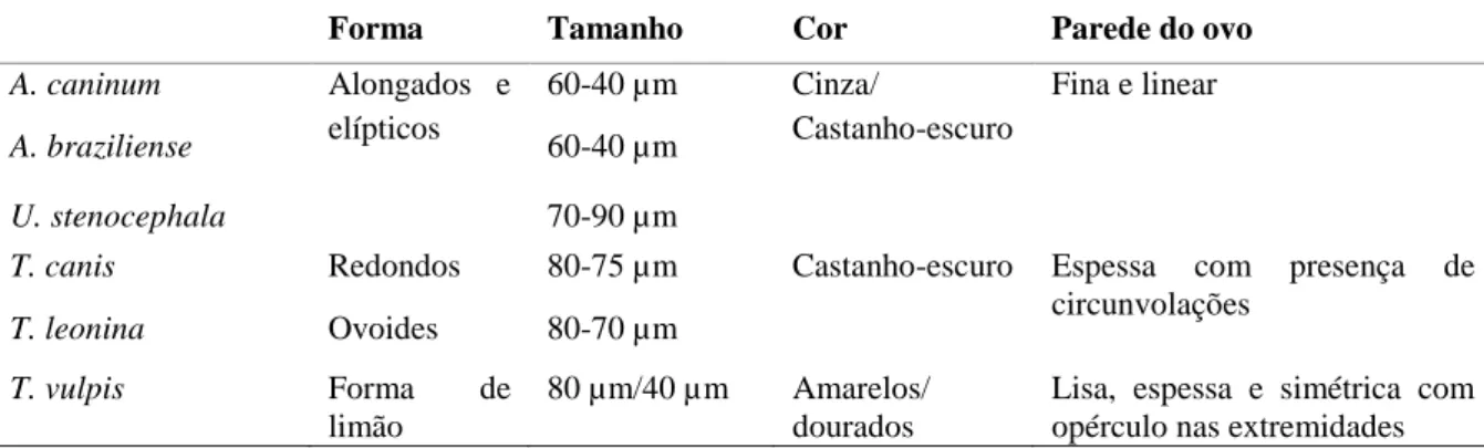Tabela 1- Características que permitem a distinção de ovos de nematodes observados por  técnica de flutuação