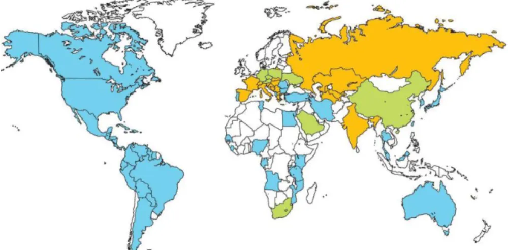 Figura 11- Distribuição Geográfica da Dirofilariose canina mundialmente. Azul – D. immitis; 