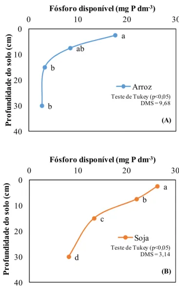 Figura 1. Disponibilidade de fósforo ao longo do perfil de um Planossolo após a colheita das culturas agrícolas  de  arroz  irrigado  (A)  e  soja  (B),  após  a  aplicação  de  diferentes  doses  de  gesso,  de  forma  superficial  e  previamente  às  sua