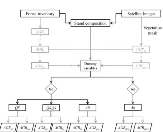 Figure 2. Flow diagram of the models developed (where AGB is the above‐ground biomass in kg, CHP is the crown horizontal projection in m 2 , t is the tree, p is the plot values, i is the inventory data, c is the cumulative values, s is satellite image data