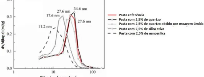 Figura 6 – Distribuição dos poros em pastas de cimento através do ensaio de PIM (FLORES et al