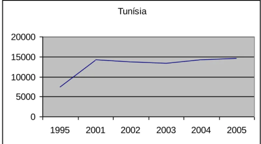Gráfico  10.  Evolução  das  trocas  entre  a  UE  e  a  Tunísia  entre  1995  e  2005  (em  milhões de euros)  Tunísia 0 5000100001500020000 1995 2001 2002 2003 2004 2005 Fonte: Eurostat 