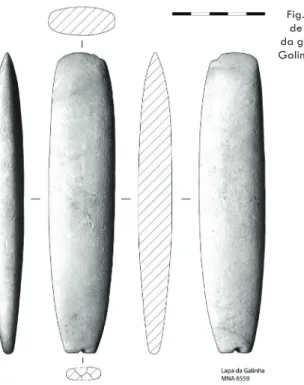Fig. 3 – O machado  de talão perfurado  da gruta da Lapa da  Galinha (MNA 6559). 