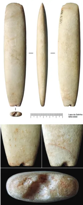 Fig. 4 – O machado  de talão perfurado  da gruta da Lapa da  Galinha (MNA 6559). Fig. 5 – Em cima,  pormenores  da perfuração  seccionada (face  e verso)