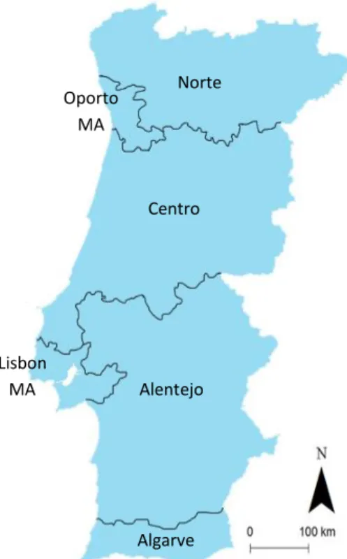 Figure 1. Mainland Portugal NUTS level II and Oporto MA (which belongs to Norte Region)