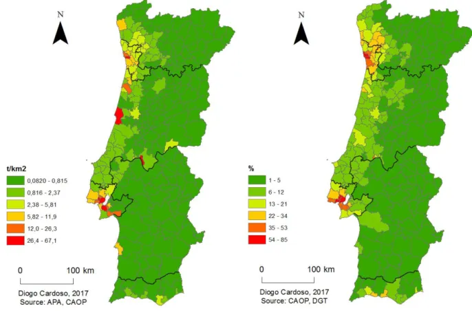 Figure 2 shows the map with the emission values of PM10 t/km 2  in mainland Portugal. There  is  a  clear  distinction  between  coastal  areas  and  the  interior,  particularly  in  the  two  main  urban centers and more densely populated areas of the co
