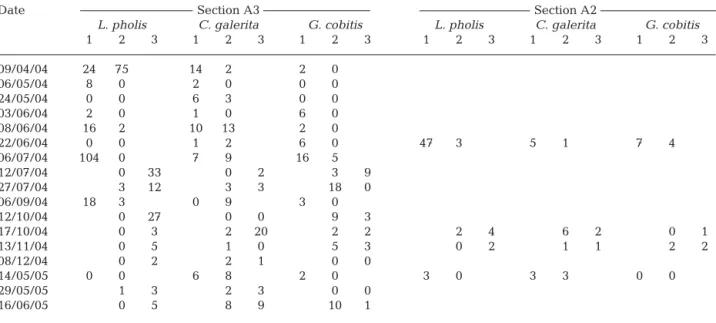 Table 4. Lipophrys pholis (> 7 cm), Coryphoblennius galerita (> 5 cm) and Gobius cobitis (> 7 cm)