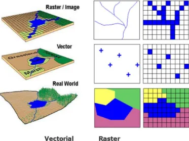 Figura 3 – Representação do mundo real em modelos de dados vectorial e raster (GIS@Lincoln, 2010)    