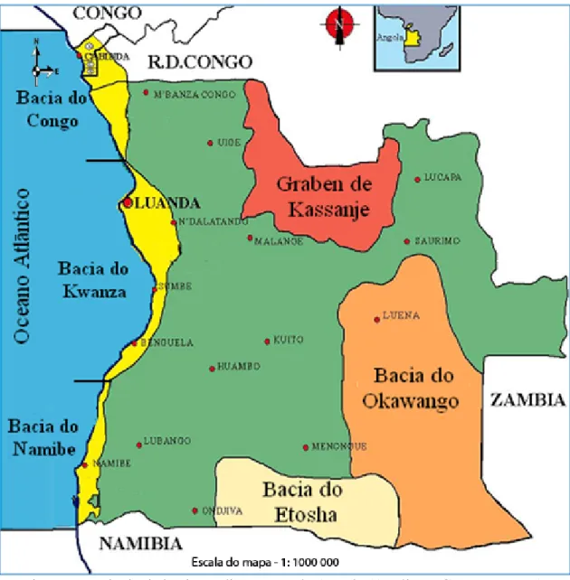 Figura 7 – Principais bacias sedimentares de Angola (Araújo,  A .G . ,  Prevalov et al )  A Região da Bacia do Cuanza está relacionada com um fenómeno de  importância regional – a evolução da margem Continental angolana, ou seja, a abertura  do Atlântico S
