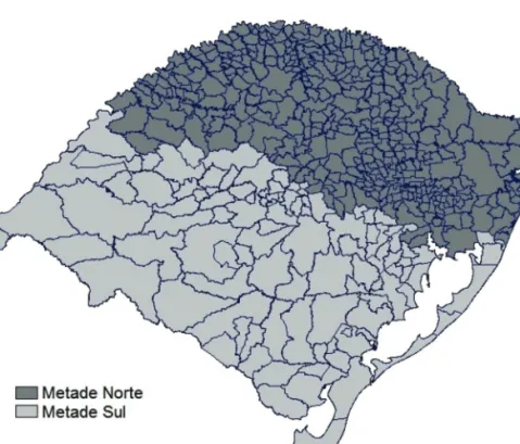 Figura 1 – Delimitação geográfica dos municípios pertencentes à Metade Norte e  Metade Sul do estado do RS