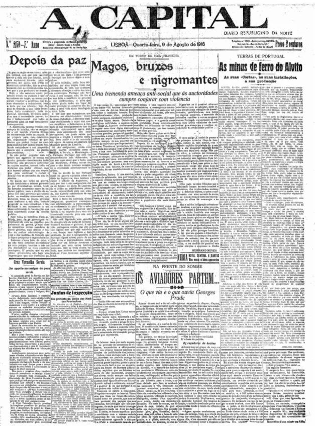 Fig. 2. Primeira página de A Capital de 9 de Agosto de 1916,   com o artigo “Magos bruxos e nigromantes”