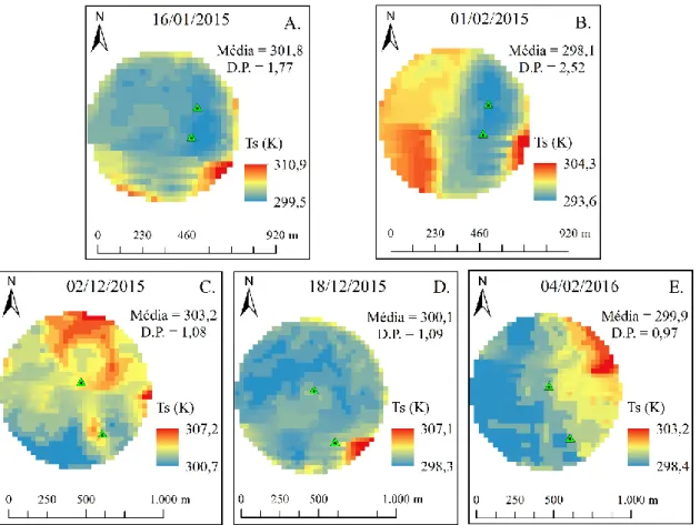 Figura 4. Distribuição espacial e temporal da temperatura de superfície nas imagens adquiridas  durante  os  dois  ciclos  da  cultura  da  soja,  em  que  as  cores  em  azul  e  vermelho  representam  respectivamente pontos com menor e maior temperatura