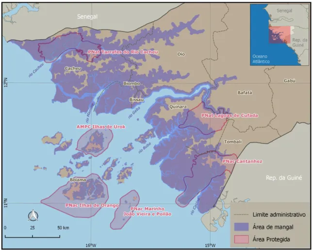 Figura 5-2. Área de distribuição potencial de mangal (a roxo), limites administrativos e áreas protegidas