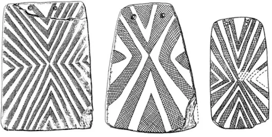 Fig. 4 Placas com simetria radiante da Anta Grande da Ordem, Avis, Esparragalejo, Badajoz, e Cebolinhos 1 (Leisner e Leisner, 1959, 14-1-56 e 52-12-6; Leisner e Leisner, 1951, XXXIV-13)