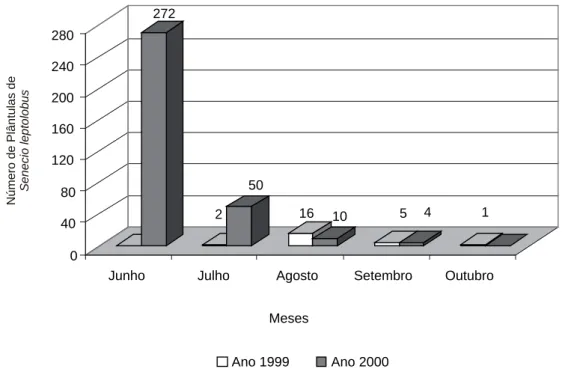 Figura 2 - Número de plântulas de Senecio leptolobus emergidas nos períodos de Junho a Outubro de 1999 e 2000, Potreiro das Areias, CPACT- CPACT-EMBRAPA, Capão do Leão, RS