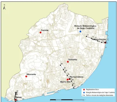 Figura 5 – Localização da estação meteorológica de Gago Coutinho, dos  registadores automáticos e  dos percursos de medições itinerantes  