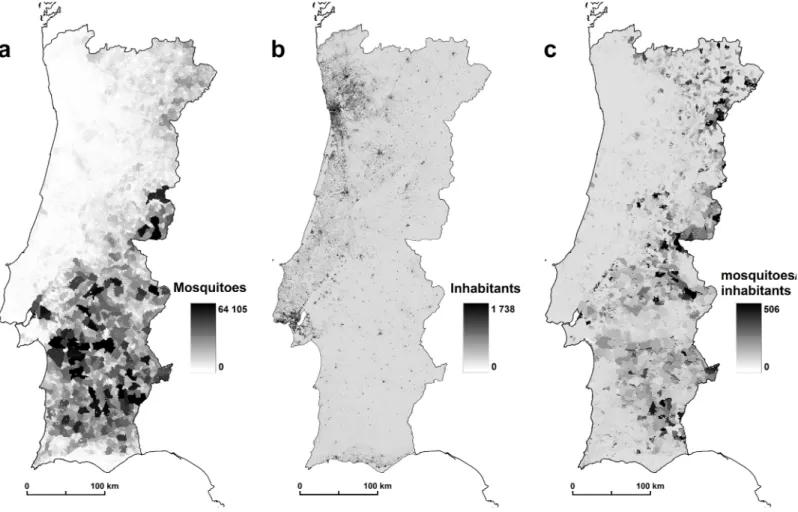 Fig 2. (a) Mosquitoes by subsection, (b) inhabitants by subsection (2011), (c) mosquitoes/inhabitants rate.