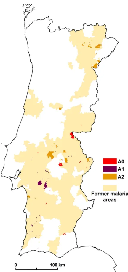 Fig 6. Concordance between former malaria areas and malariogenic potential &gt;1 in scenario A0, A1, and A2.