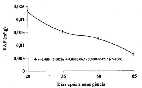 Figura 8. Razão de área foliar (RAF) em função dos dias após a emergência do cultivar Irai (tipo I) , à 5% de probabilidade de  erro