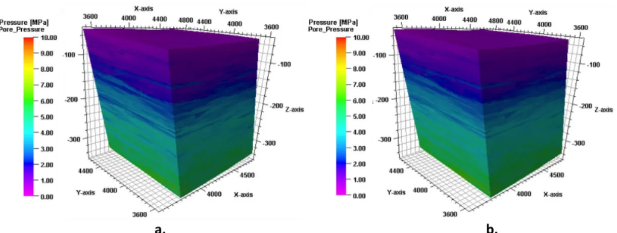 Figure 1: a. Pore pressure prediction cube using the Eaton method; b. Pore pressure  prediction cube using the Bowers method 