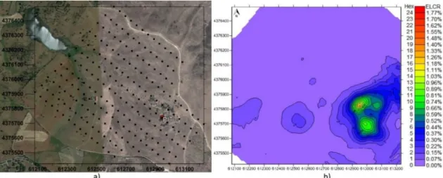 Figure 1: a) Satellite image (GoogleEarth@) and measured points of the studied area; b) Hex  (dimensionless) and ELCR (%) map of the area 