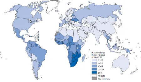 Figura 2 – Estimativa de prevalência de VIH em casos novos e de recaída em  2015 (WHO, 2015) 