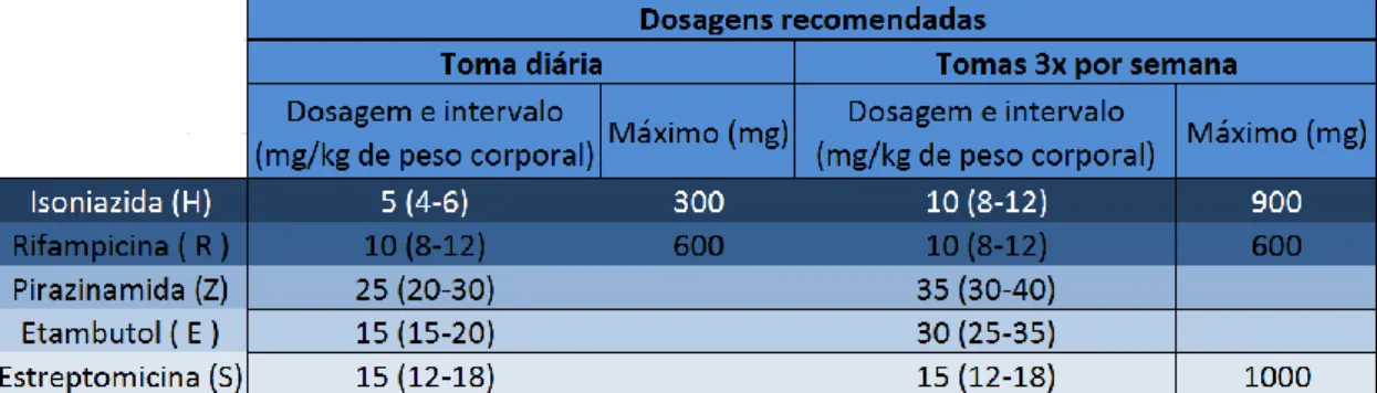 Tabela 4 – Dosagens recomendadas para os fármacos anti-tuberculosos de 1ª linha para adultos – adaptado de  WHO 2010 Treatment of tuberculosis guidelines – 4th edition 