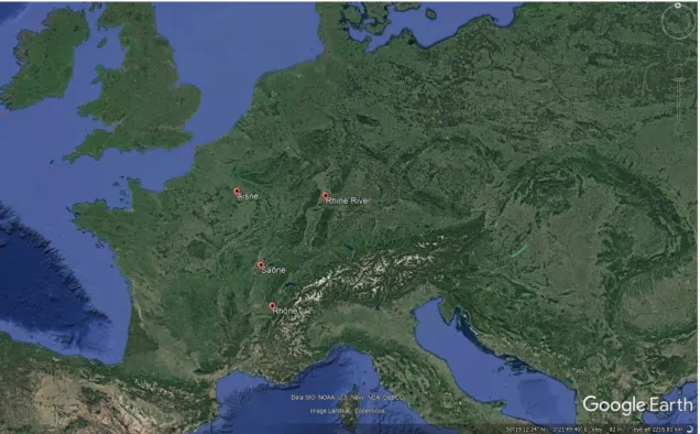 Fig. 3. Through the observation of the rivers, one can see how Caesar’s Gallic Campaigns head further north through central  Europe, between the Rhone and the Rhine