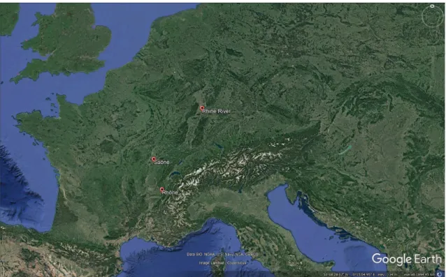 Fig. 2. The three big rivers of the Gallic Wars. The tribes were approaching Rome through East and West and becoming close to the  last natural barrier, the Alps