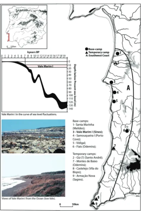 Fig. 1 – Distribution of  the main Late  Meso-lithic sites in the  south-west Portuguese coast,  and probable sea level  during the Mesolithic  occupation of Vale  Marim I, inferred from  the curve of sea level  fluctuations proposed  for the Portuguese 