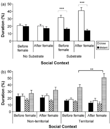 Fig. 2. Total time spent (a) close and distant to the bottom in both choice compartments 1 h before and after the female’s arrival (b) in different areas by territorial and non-territorial males in the two social contexts.