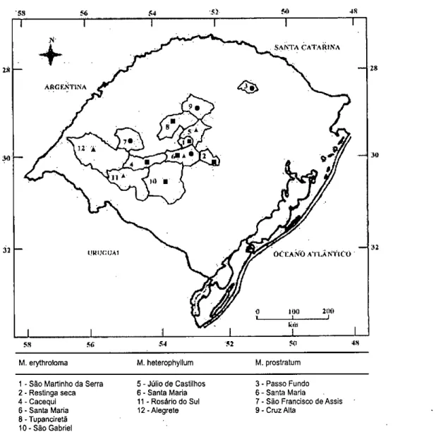 Figura 1 . Mapa do estado do Rio Grande do Sul (modificado da Secretaria de Agricultura e Abastecimento, 1993) com os  municípios de coletas das espécies do gênero  Macroptilium  (Benth.) Urban 