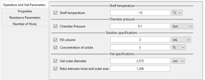 Figure 3.1: gPROMS model interface: Operation and Vial Parameters tab.