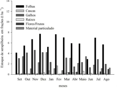 Figure 2. Monthly litter fractions stock in a Typical Cerrado area in Fazenda Água Limpa/UnB, Lago Sul - DF.