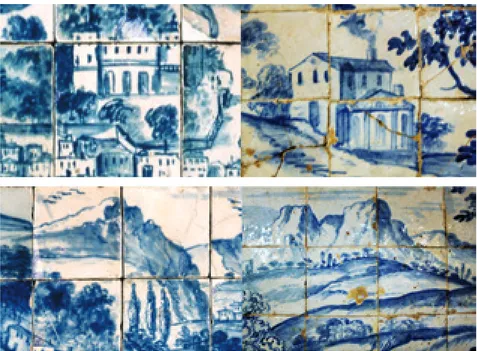 Fig. 6 – À esquerda, pormenores do “Grande  panoramoa”, MNAz. À direita, pormenores  azulejos Ig