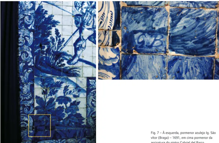 Fig. 7 – À esquerda, pormenor azulejo Ig. São  vítor (Braga) – 1691, em cima pormenor da  assinatura do pintor Gabriel del Barco