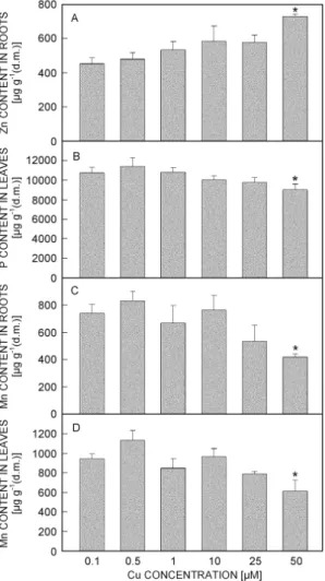 Fig. 3. Contents of selected minerals as a function of Cu concentration in nutrient solution, measured after 15 d of growth