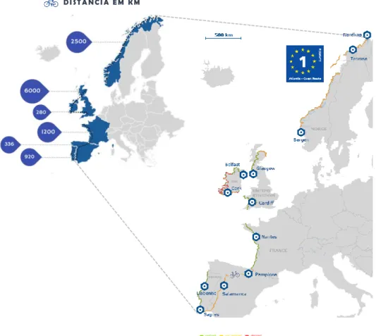 Figura 9: Esquerda: Mapa com a delimitação dos países por onde a Rota EuroVelo 1 e as suas respectivas  extensões  (Fonte: autor) |  Direita: Mapa da extensão total da Rota EuroVelo 1  (Fonte: EuroVelo, The European 