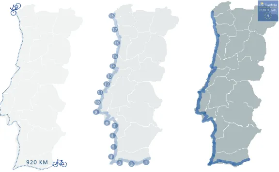 Figura 10: Mapa com a delimitação da Rota EuroVelo 1 em Portugal   (Adaptado de EuroVelo Portugal) 